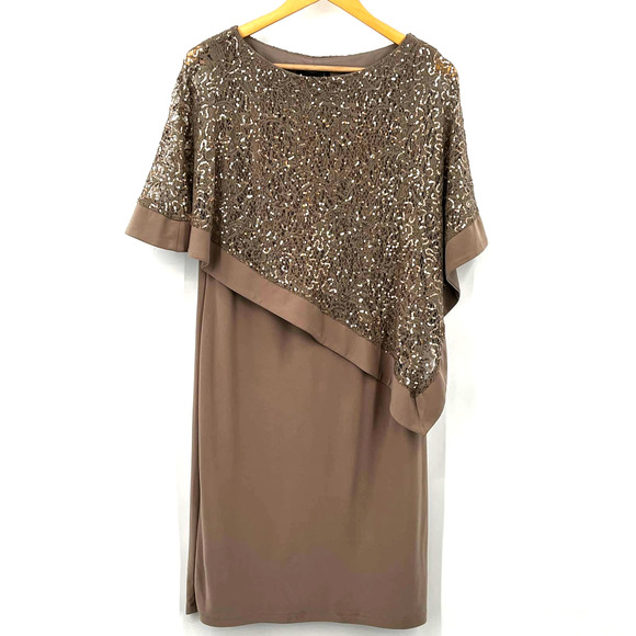 R&M Richards Metallic‎ Sequin Asymmetric Lace Capelet Poncho Popover Dress - Picture 3 of 9